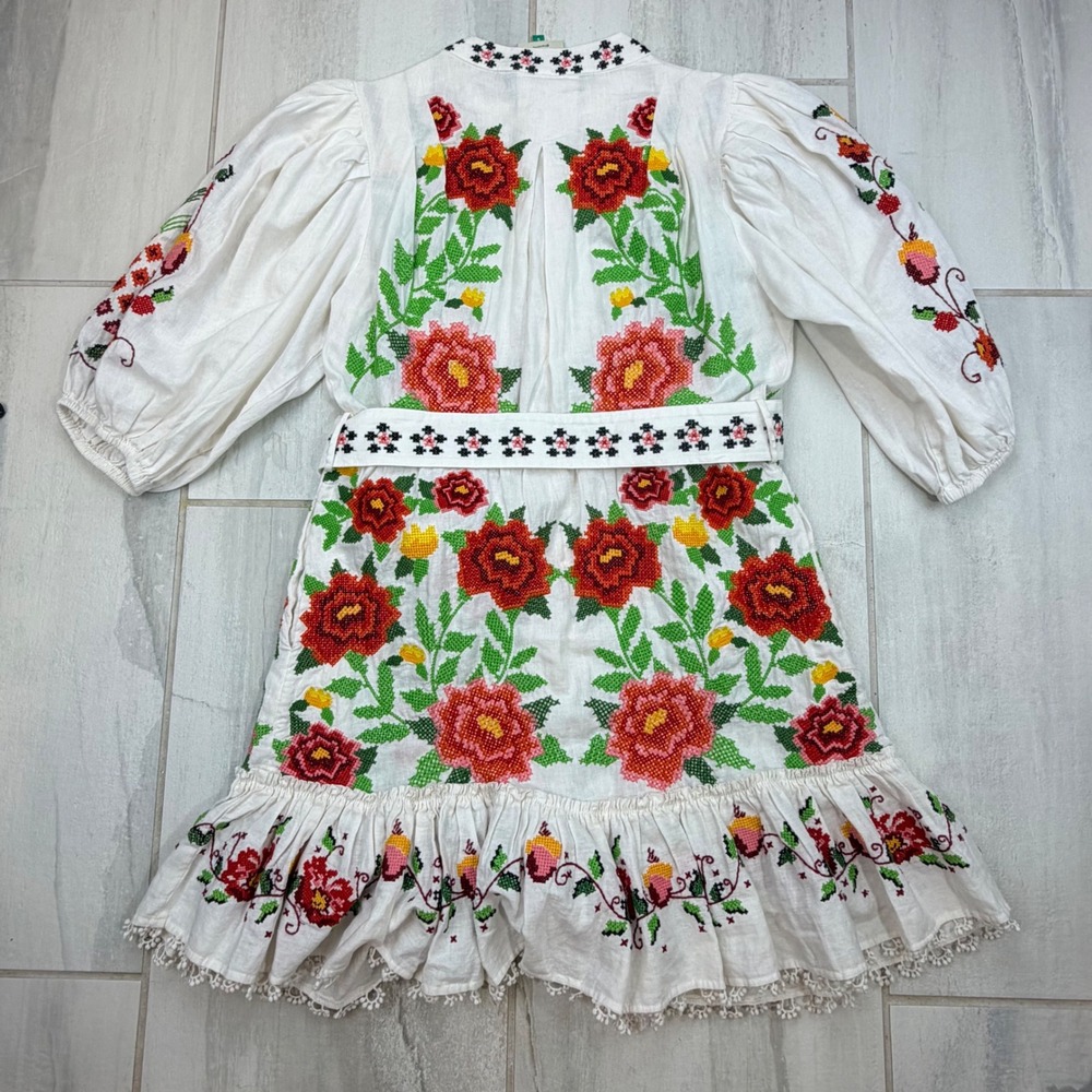 Farm Rio Cross Stitch Floral Linen Blend Mini Dress White Red Size S 318237 - Picture 8 of 9